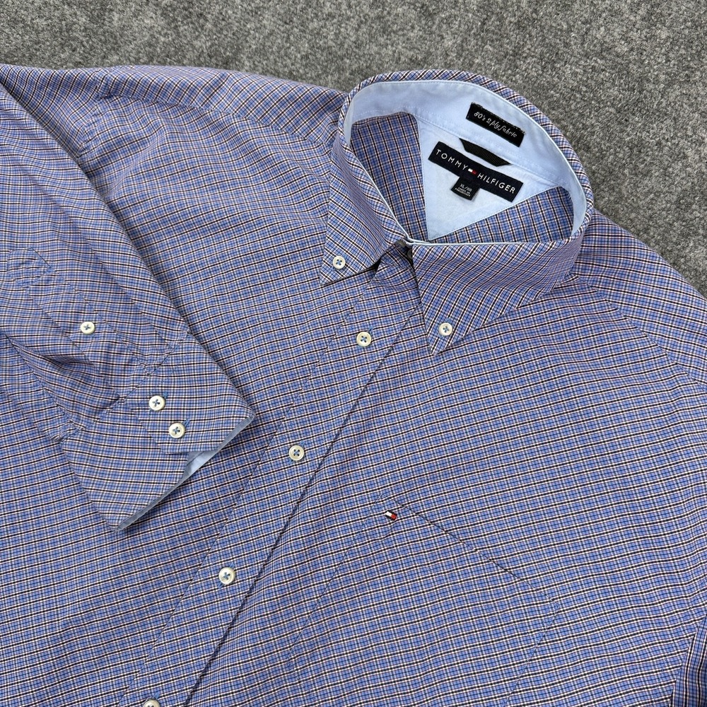 Vintage Tommy Hilfiger Mens Button Down Shirt XL Blue 80's 2 Ply Pocket Check